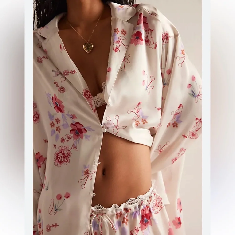 Free People Intimately Floral Pajama Top - Cream and Pink. Size XS